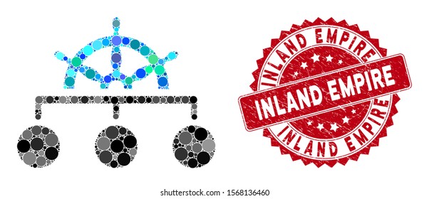 Mosaic Rule Structure And Corroded Stamp Seal With Inland Empire Phrase. Mosaic Vector Is Formed With Rule Structure Icon And With Random Circle Items. Inland Empire Seal Uses Red Color,