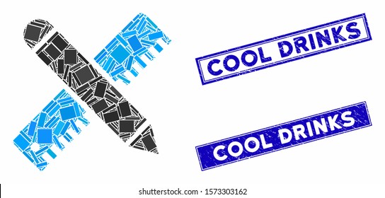 Mosaic ruler and pencil design tools pictogram and rectangular Cool Drinks seals. Flat vector ruler and pencil design tools mosaic pictogram of random rotated rectangular items.