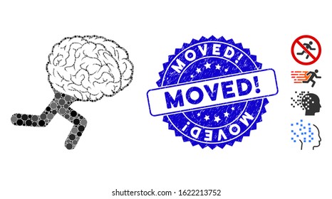 Mosaic running brain icon and distressed stamp watermark with Moved! text. Mosaic vector is created from running brain icon and with randomized round elements. Moved! stamp uses blue color,