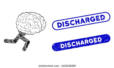 Mosaic running brain and rubber stamp seals with Discharged text. Mosaic vector running brain is composed with randomized rectangle items. Discharged seals use blue color,