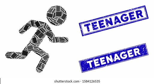 Mosaic running child icon and rectangle Teenager rubber prints. Flat vector running child mosaic icon of randomized rotated rectangle items. Blue Teenager rubber seals with distress texture.