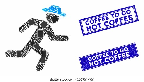 Mosaic running gentleman pictogram and rectangular stamps. Flat vector running gentleman mosaic icon of random rotated rectangular elements. Blue caption stamps with distress textures.