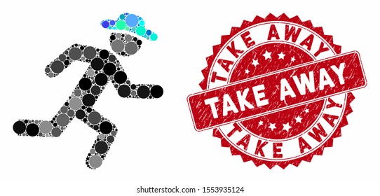 Mosaic running gentleman and rubber stamp seal with Take Away caption. Mosaic vector is created with running gentleman icon and with random spheric spots. Take Away stamp seal uses red color,