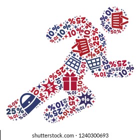 Mosaic running man designed with blue and red shopping symbols. Retail combination of mosaic running man icon. Flat design for shopping illustrations.
