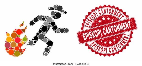 Mosaic running man from fire and corroded stamp seal with Episkopi Cantonment phrase. Mosaic vector is composed with running man from fire icon and with scattered round items.