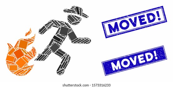 Mosaic running man from fire pictogram and rectangular Moved! rubber prints. Flat vector running man from fire mosaic pictogram of random rotated rectangular items.