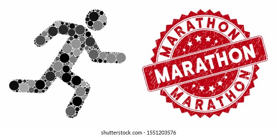 Mosaic running man and rubber stamp seal with Marathon text. Mosaic vector is designed with running man icon and with scattered spheric elements. Marathon seal uses red color, and scratched design.