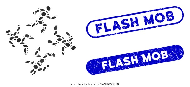 Mosaic running men and corroded stamp seals with Flash Mob caption. Mosaic vector running men is composed with randomized ellipse elements. Flash Mob stamp seals use blue color,