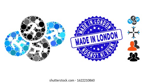 Mosaic running men icon and grunge stamp seal with Made in London phrase. Mosaic vector is composed from running men icon and with randomized spheric spots. Made in London stamp seal uses blue color,