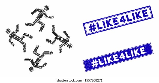 Mosaic running men pictogram and rectangle seal stamps. Flat vector running men mosaic pictogram of randomized rotated rectangle elements. Blue caption seal stamps with scratched textures.