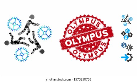 Mosaic running persons for gears icon and distressed stamp watermark with Olympus caption. Mosaic vector is formed with running persons for gears icon and with scattered round items.