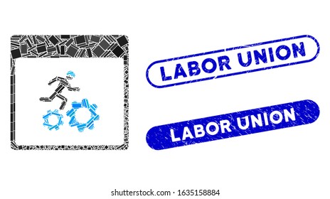 Mosaic running worker calendar page and rubber stamp seals with Labor Union phrase. Mosaic vector running worker calendar page is created with randomized rectangle items.