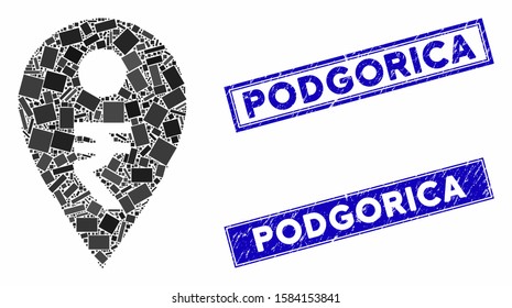 Mosaic rupee map marker icon and rectangle Podgorica rubber prints. Flat vector rupee map marker mosaic icon of random rotated rectangle items. Blue Podgorica rubber seals with scratched surface.