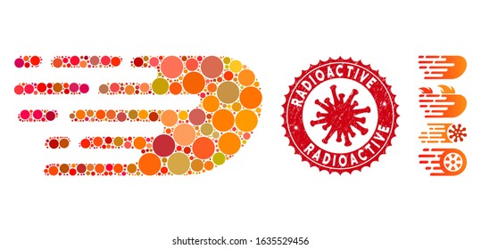 Mosaic rush bolide icon and red rounded corroded stamp seal with Radioactive caption and coronavirus symbol. Mosaic vector is composed with rush bolide icon and with scattered circle spots.