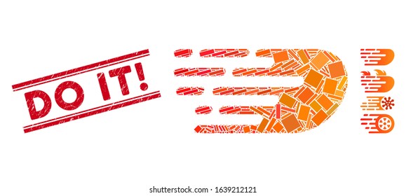 Mosaic rush bolide icon and red Do It! seal stamp between double parallel lines. Flat vector rush bolide mosaic pictogram of random rotated rectangular items.
