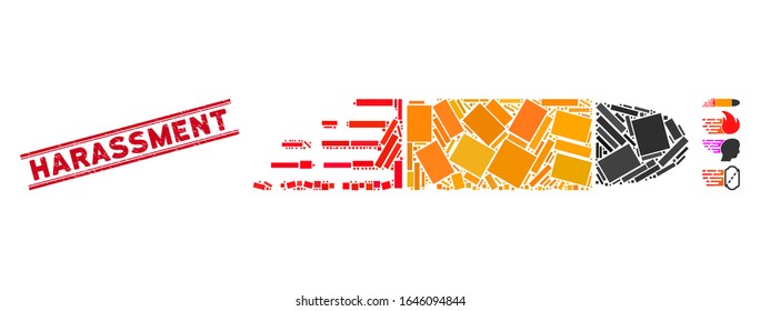 Mosaic rush bullet icon and red Harassment seal stamp between double parallel lines. Flat vector rush bullet mosaic icon of random rotated rectangular elements.