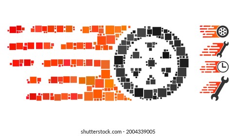 Mosaic Rush car wheel icon united from square items in various sizes and color hues. Vector square items are united into abstract mosaic rush car wheel icon. Bonus pictograms are placed.