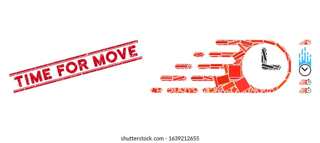 Mosaic rush clock icon and red Time for Move seal stamp between double parallel lines. Flat vector rush clock mosaic icon of scattered rotated rectangular items.
