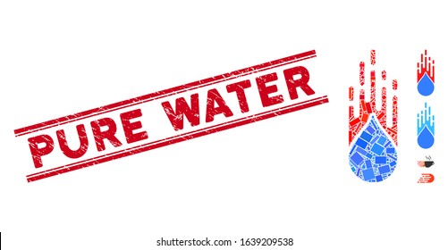 Mosaic rush drop icon and red Pure Water seal stamp between double parallel lines. Flat vector rush drop mosaic icon of scattered rotated rectangular items.