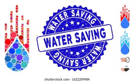 Mosaic rush drop icon and rubber stamp seal with Water Saving phrase. Mosaic vector is created from rush drop icon and with scattered spheric elements. Water Saving seal uses blue color,