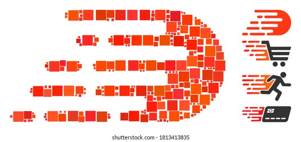Mosaic Rush effect icon designed from square elements in different sizes and color hues. Vector square elements are grouped into abstract mosaic rush effect icon. Bonus pictograms are added.