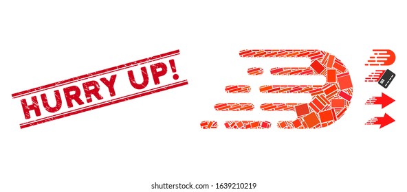 Mosaic rush effect pictogram and red Hurry Up! seal stamp between double parallel lines. Flat vector rush effect mosaic pictogram of scattered rotated rectangle elements.