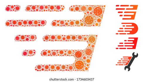 Mosaic rush effect united from flu virus icons in variable sizes and color hues. Vector infection parts are united into abstract mosaic rush effect icon. Some bonus icons are added.
