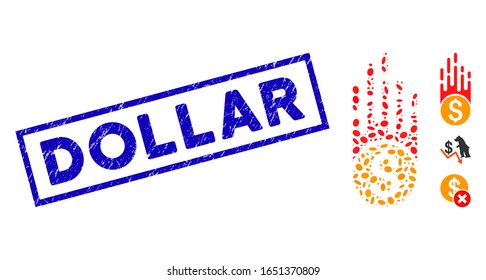Mosaic rush falling dollar and corroded rectangular stamp seal with Dollar phrase. Mosaic vector rush falling dollar is composed with randomized elliptic spots. Dollar stamp seals use blue color,