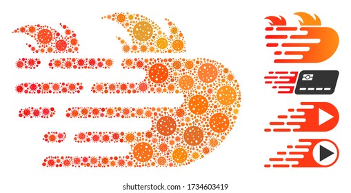 Mosaic rush fire organized from flu virus icons in random sizes and color hues. Vector viral items are combined into abstract mosaic rush fire icon. Some bonus icons are added.