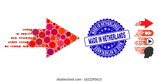 Mosaic rush move right icon and distressed stamp seal with Made in Netherlands caption. Mosaic vector is formed with rush move right pictogram and with randomized round spots.
