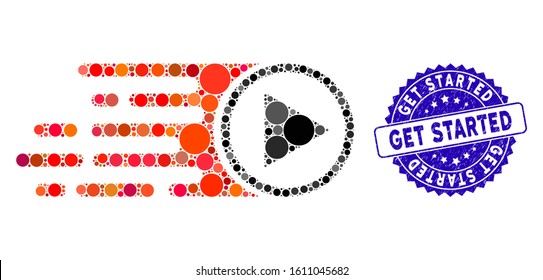 Mosaic rush play symbol icon and distressed stamp seal with Get Started phrase. Mosaic vector is designed with rush play symbol pictogram and with randomized spheric items.