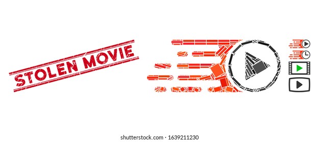 Mosaic rush play symbol pictogram and red Stolen Movie seal stamp between double parallel lines. Flat vector rush play symbol mosaic pictogram of scattered rotated rectangular elements.