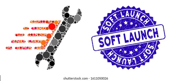 Mosaic rush repair icon and grunge stamp watermark with Soft Launch phrase. Mosaic vector is composed with rush repair icon and with scattered spheric items. Soft Launch stamp uses blue color,