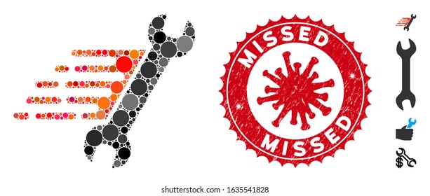 Mosaic rush repair icon and red rounded distressed stamp seal with Missed text and coronavirus symbol. Mosaic vector is formed with rush repair icon and with scattered round elements.