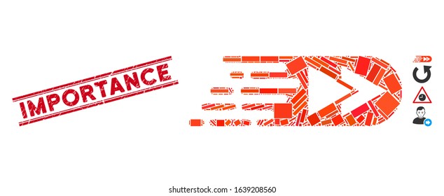 Mosaic rush rewind forward icon and red Importance rubber print between double parallel lines. Flat vector rush rewind forward mosaic icon of scattered rotated rectangular items.
