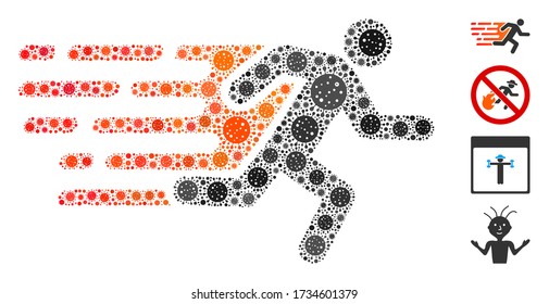 Mosaic rush running man constructed from coronavirus items in different sizes and color hues. Vector infection items are grouped into abstract mosaic rush running man icon. Some bonus icons are added.