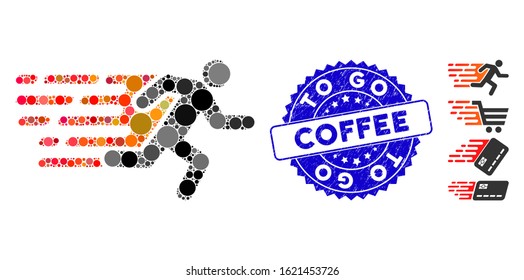 Mosaic rush running man icon and corroded stamp seal with To Go Coffee text. Mosaic vector is designed from rush running man icon and with randomized circle elements.