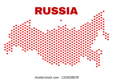 Mosaic Russia map of valentine hearts in red color isolated on a white background. Regular red heart pattern in shape of Russia map. Abstract design for Valentine decoration.