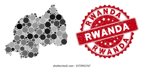 Mosaic Rwanda map and circle rubber print. Flat vector Rwanda map mosaic of randomized circle elements. Red rubber stamp with grunged design. Designed for political and patriotic purposes.