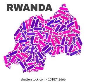 Mosaic Rwanda map isolated on a white background. Vector geographic abstraction in pink and violet colors. Mosaic of Rwanda map combined of random round dots and lines.