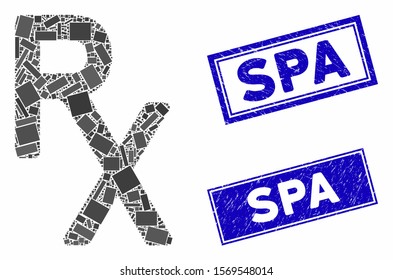 Mosaic Rx medical symbol icon and rectangle seal stamps. Flat vector Rx medical symbol mosaic icon of randomized rotated rectangle items. Blue caption rubber stamps with distress texture.