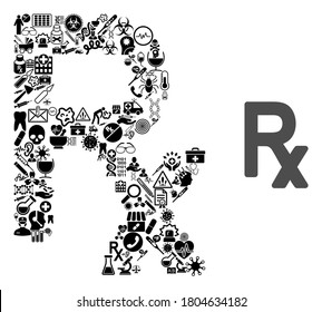 Mosaic Rx symbol of medic items and basic icon. Mosaic vector Rx symbol is formed of medic symbols. Abstract illustrations elements for clinic advertisement.