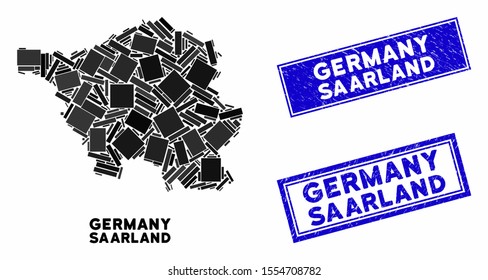 Mosaic Saarland Land map and rectangle seal stamps. Flat vector Saarland Land map mosaic of scattered rotated rectangle elements. Blue caption rubber stamps with distress texture.
