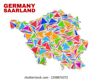 Mosaic Saarland Land map of triangles in bright colors isolated on a white background. Triangular collage in shape of Saarland Land map. Abstract design for patriotic illustrations.