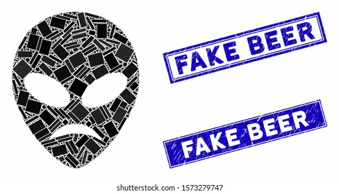Mosaic sad alien head pictogram and rectangle Fake Beer stamps. Flat vector sad alien head mosaic icon of random rotated rectangle items. Blue Fake Beer stamps with grunge surface.