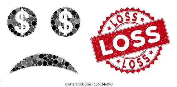 Mosaic sad bankrupt smiley and grunge stamp seal with Loss text. Mosaic vector is designed from sad bankrupt smiley icon and with random spheric spots. Loss stamp seal uses red color,