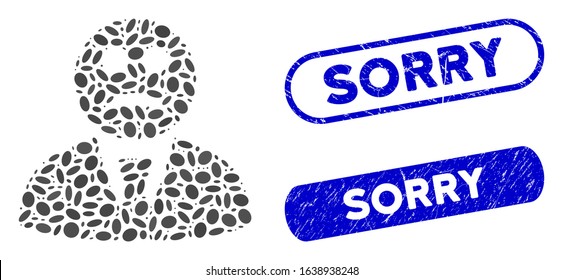 Mosaic sad boss and corroded stamp seals with Sorry caption. Mosaic vector sad boss is formed with scattered ellipse parts. Sorry stamp seals use blue color, and have round rectangle shape.