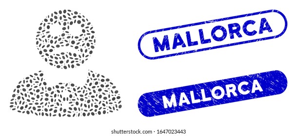Sellos de timbre y estampado de goma con frase de Mallorca. El chico triste vector mosaico se forma con piezas ovales aleatorias. Las focas de Mallorca tienen un color azul y una forma rectangular redonda.