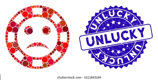 Mosaic sad casino chip icon and rubber stamp seal with Unlucky phrase. Mosaic vector is composed with sad casino chip icon and with scattered spheric items. Unlucky stamp seal uses blue color,