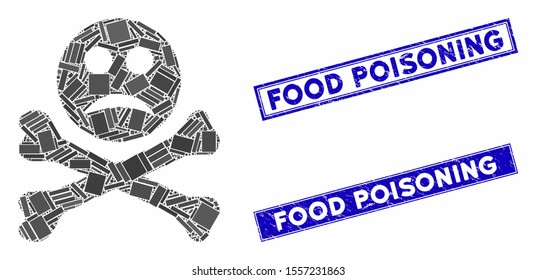 Mosaic sad death icon and rectangular stamps. Flat vector sad death mosaic icon of randomized rotated rectangular items. Blue caption rubber seals with grunge surface.